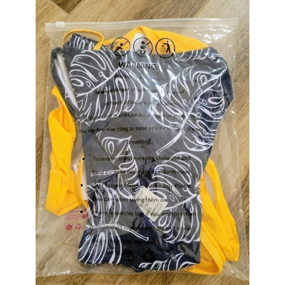 Grace Tempt Two Piece Bikini High Waisted Yellow Navy Blue Small